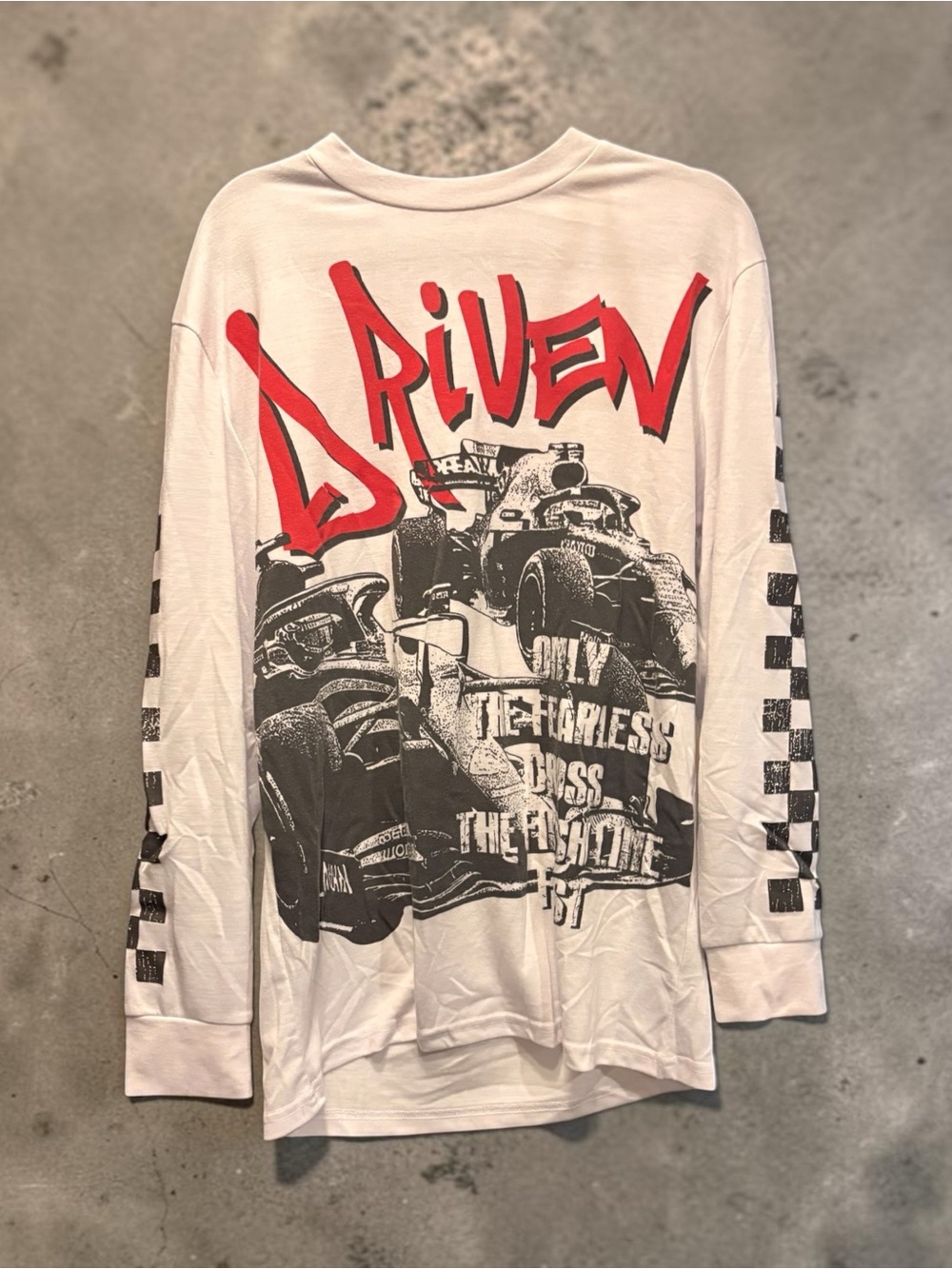 Y2K style Driven Graphic Long-Sleeve Shirt - White with Red & Black Print